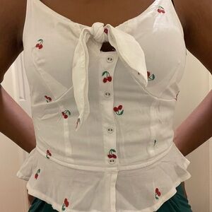 Cherry Embroidered White Top